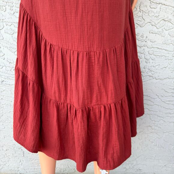 Drew XS Cotton Gauze Midi Shirt Dress Rust Tiered High Low Button Front Boho - Picture 8 of 12